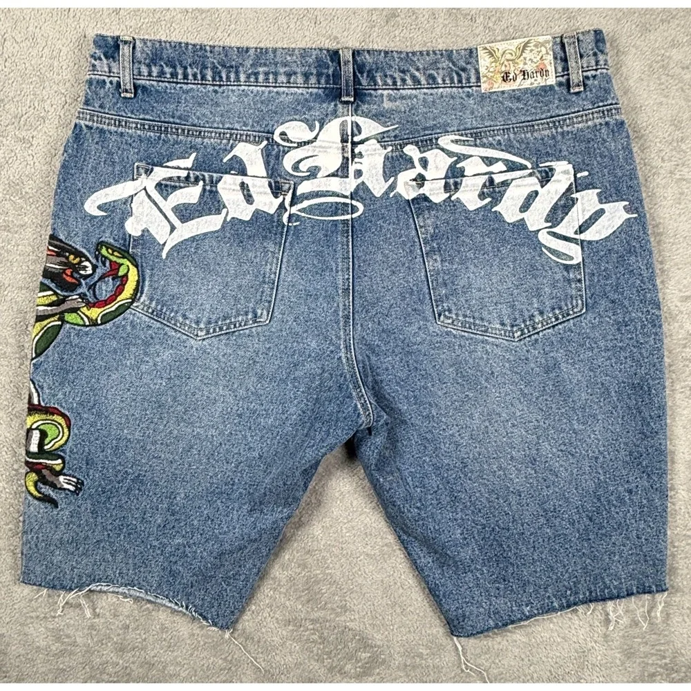 Ed Hardy Mens 40 Blue Denim Snake Panther Embroidered Raw Hem Jean Shorts Jorts